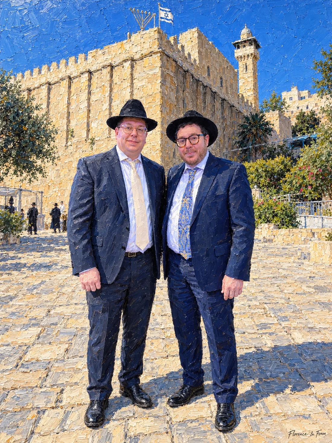 Palette knife style example, two brothers in front of Me'aras HaMachpelah