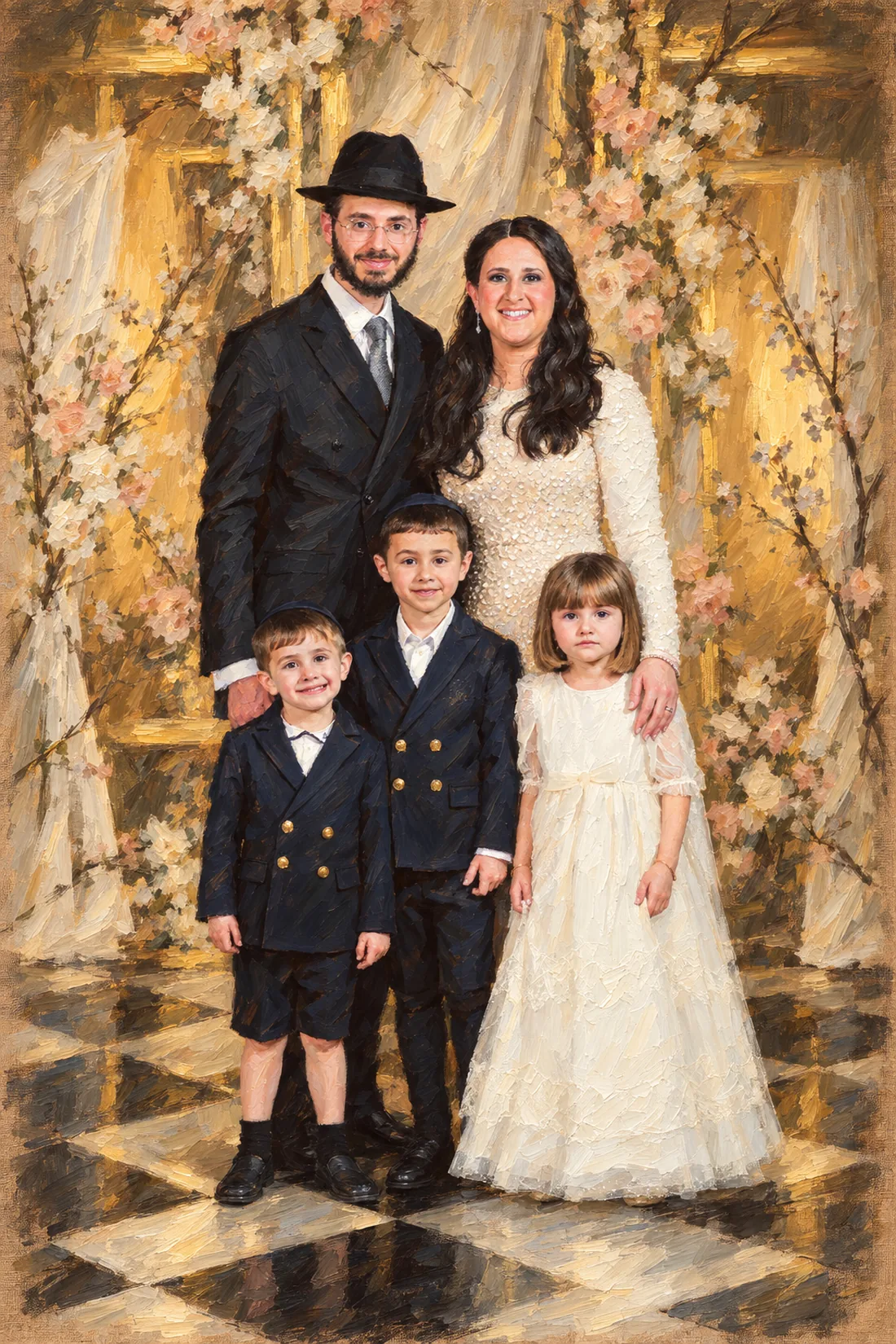 Palette-knife painting of a family of five at a simcha