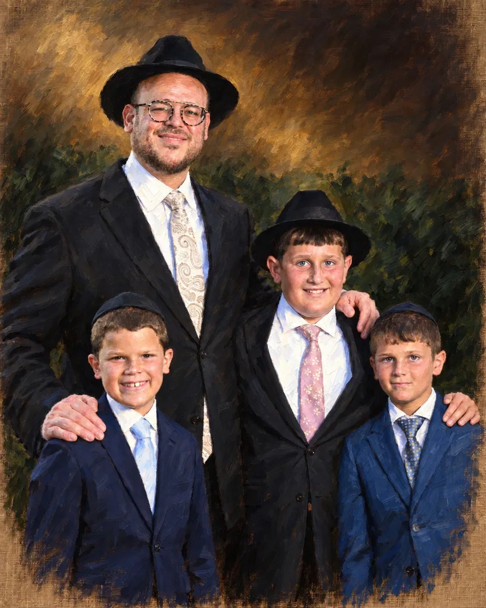 Painterly portrait of a father with his three sons
